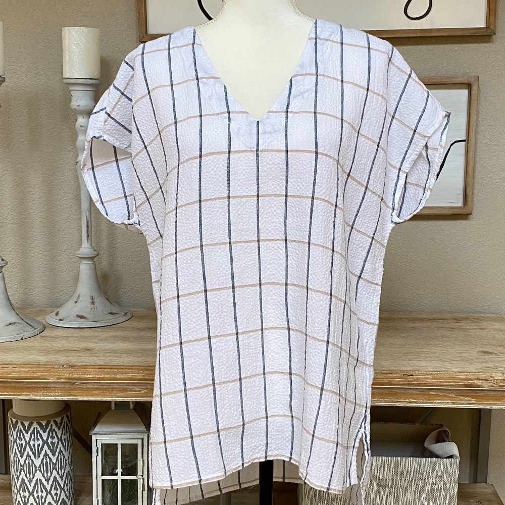 NWT Tahari Linen Windowpane V-Neck Top Size Small - Picture 2 of 8